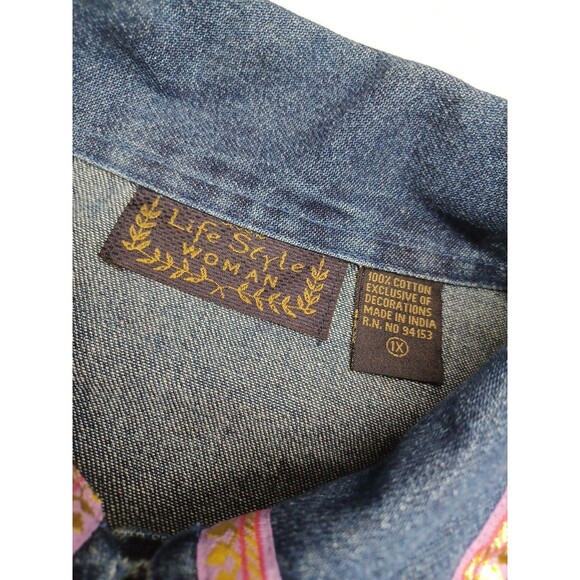 Life Style Womens Long Sleeve Floral Embroidered Denim Jean Jacket Blue Sz 1X - Picture 8 of 9
